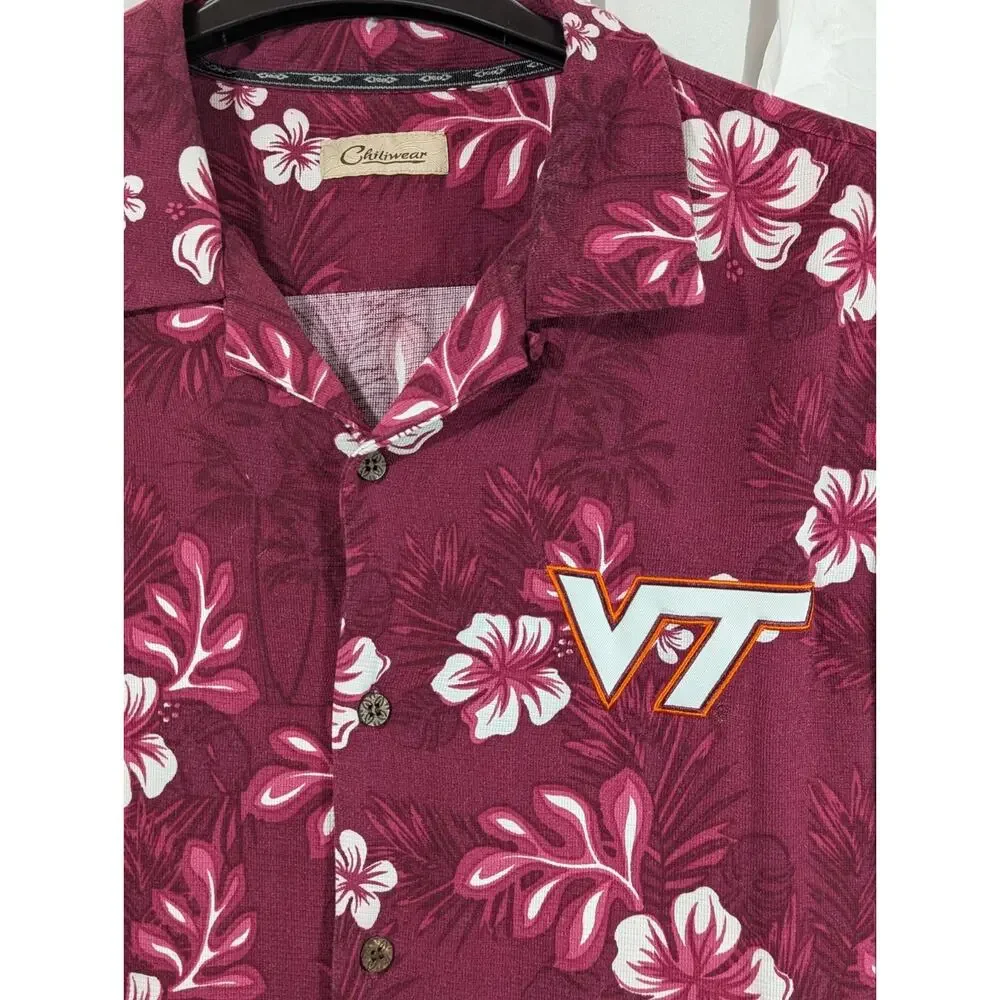 VT Hokies Vintage Maroon Hawaiian Button Up Shirt 2XL Chiliwear Embroidered - Picture 2 of 6